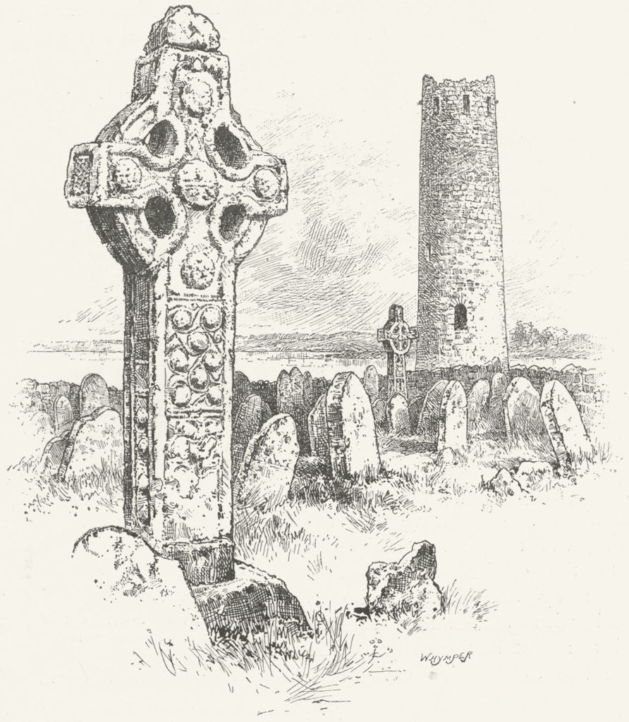 SHANNON. round Tower crosses Clonmacnois 1888 old antique print picture